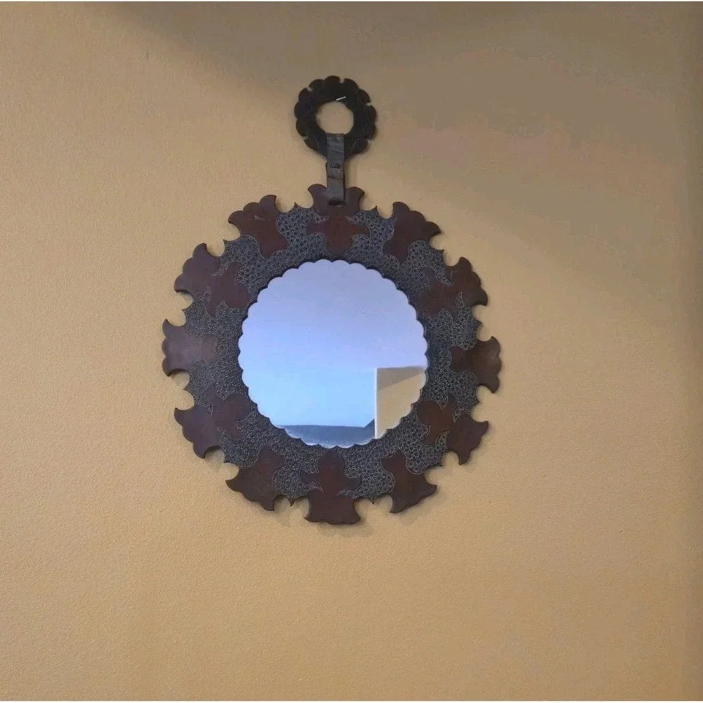 Tooled Leather Round Wall Mirror Floral Boho Moroccan Folk Art Decor Vintage